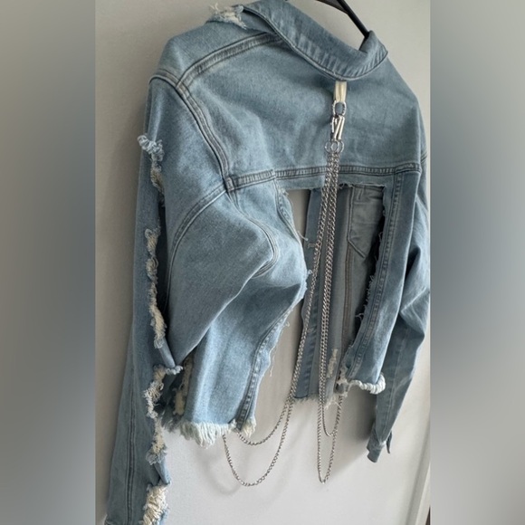 Distressed Denim Jacket with Chains - Picture 7 of 7